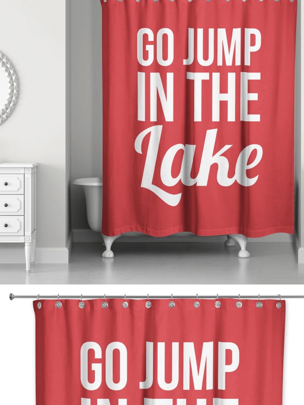 Playful Red 'Go Jump in the Lake' Shower Curtain by